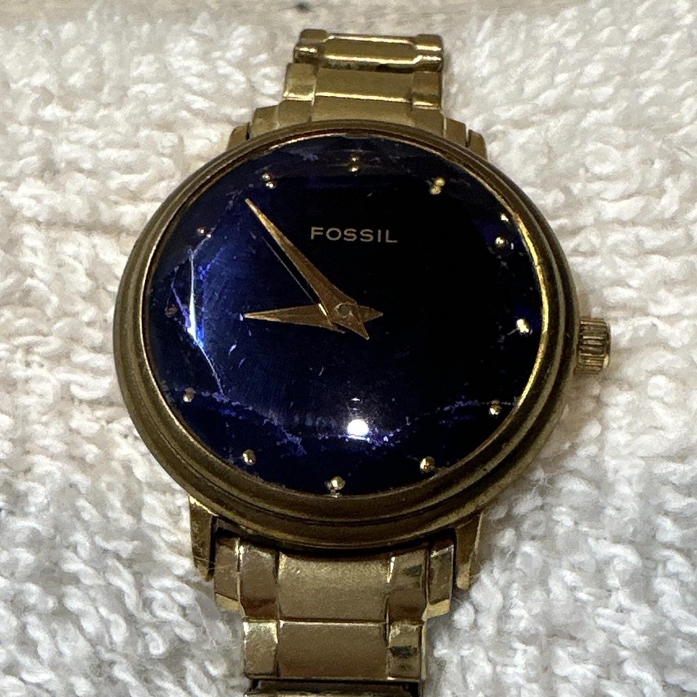 Fossil Women Gold Tone Analog Watch Blue Dial Metal Bracelet Vintage *Untested*